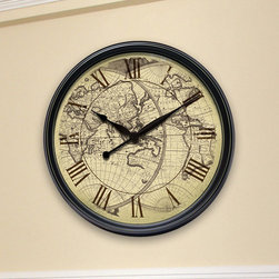 Columbus Old World Map Dial, Black Finish Case, Glass Lens Clock - Wall Clocks