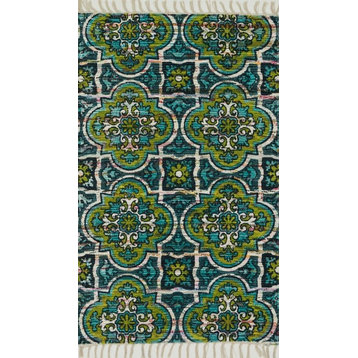 Loloi Aria Collection Rug, Blue and Lime, 3'x3' Round