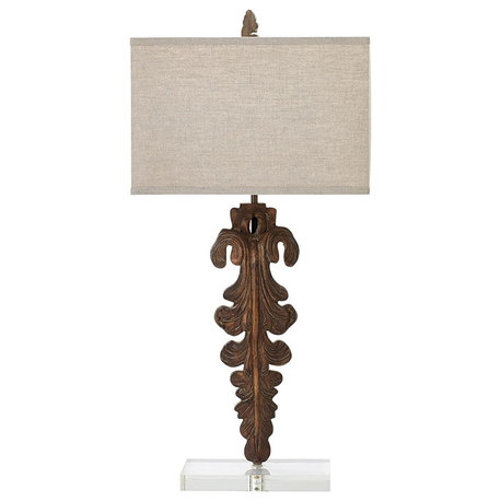 Contemporary Table Lamp with Carved Wooden Base and Rectangular Cotton Shade