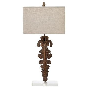 Contemporary Table Lamp, Wooden Carved Base With Rectangular Cotton Shade