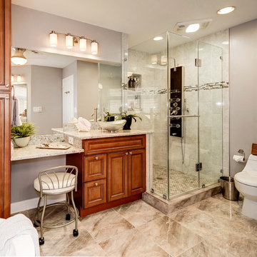 Elegant Master Bathroom Remodel with Quartz-Granite Hybrid Vanity and Spa Shower