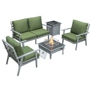LeisureMod Walbrooke Grey Patio Sofa Set With Square Fire Pit Table, Green