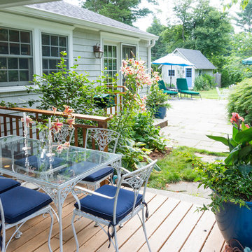 Views from the deck to the new patios and garden shed