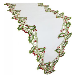 Xia Home Fashions - Holiday Holly Embroidered Cutwork Table Runner, White, 15x54 - Table Runners