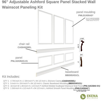 94.5"L Ashford Square Panel Stacked Wall Wainscot Kit, 96-120"H, 16x28" Panels