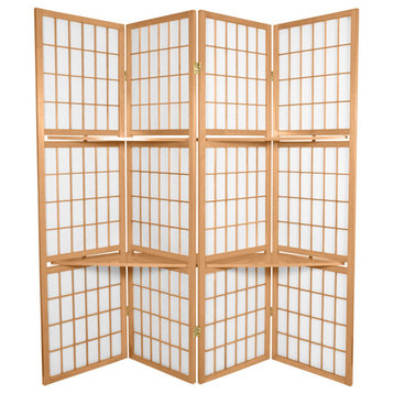 4 Panels Room Divider, Windowpane Design With Shelves for Extra Space, Natural