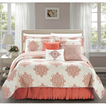 Chelsea Printed Quilted 6 Piece Bed Spread Set, Coral, King