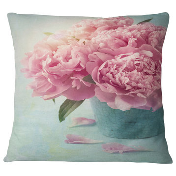 Pink Peony Flowers in Vase Floral Throw Pillow, 18"x18"