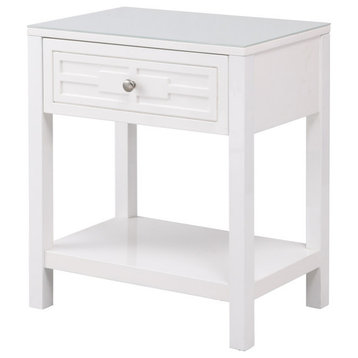 Dylan Wooden End Side Table Nightstand With Glass Top and Drawer, White
