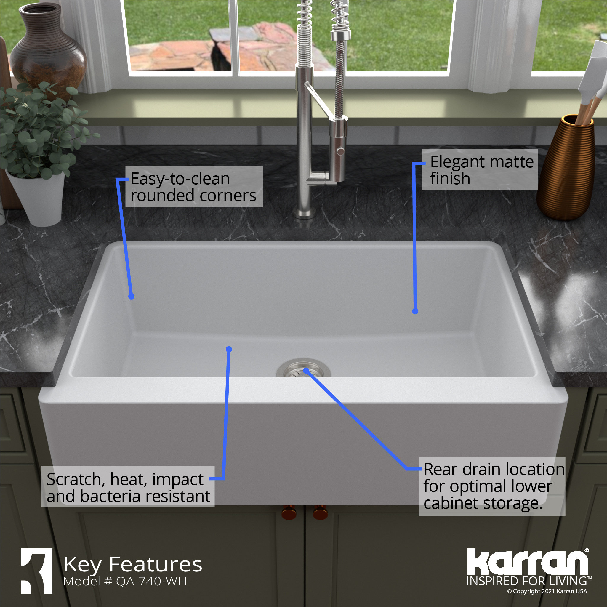 Karran Farmhouse/Apron-Front Quartz 34" Single Bowl Kitchen Sink, White