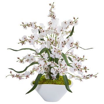 Dancing Lady Orchid Artificial Arrangement in White Vase, White
