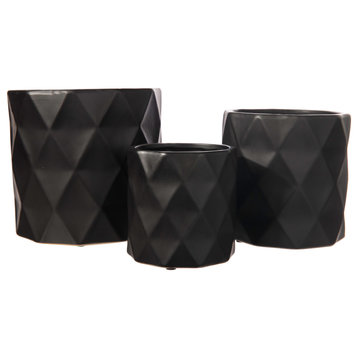 Ceramic Pot with Embossed Symmetric Diamond Design Matte Black Finish, Set of 3