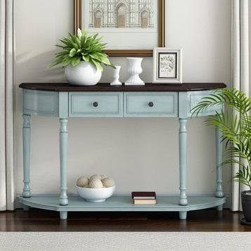 Retro Console Table, Semi Circular Design With 2 Drawers, Cherry/Antique Blue