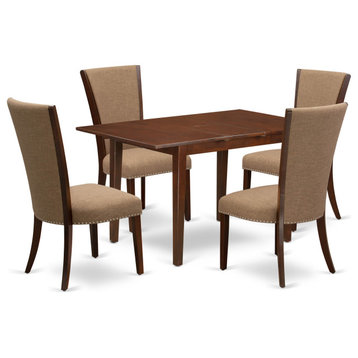 A Dining Set, 4 Parson Chairs Light Sable Color, Wood Table In Mahogany Finish