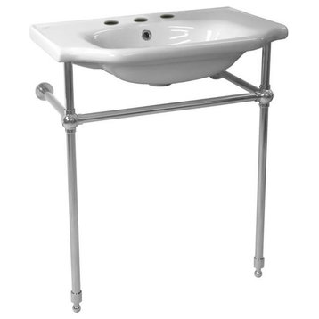 Traditional Ceramic Console Sink With Chrome Stand, Three Hole