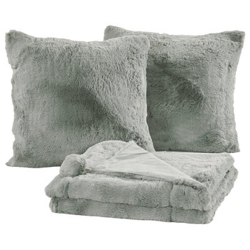 Pompom Faux Fur Throw With 2 Pillows, Silver