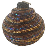 Bindah - Manggis Handwoven Art Glass Basket,  Mass Swirl - Hand-sewn crystal-cut glass beads adorn this small hand-woven rattan manggis basket. The crystal-cut silver glass beads catch the light in any spot throughout your house.         Cultural Significance of a Manggis Basket: The Manggis is a small, usually fist-sized, beaded rattan basket that is culturally significant in Indonesia, specifically on the islands of Lombok and Bali.