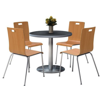 KFI Round 36" Pedestal Table - 4 Natural Stacking Chairs - Graphite Top