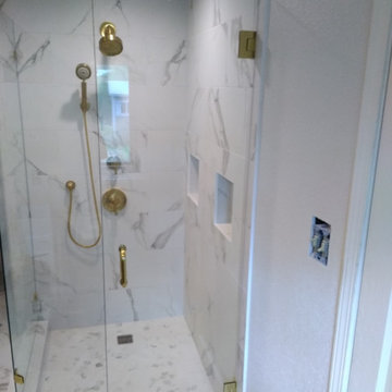 Neo Angled Glass Shower Enclosure with Satin Brass Hardware