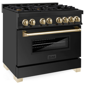 ZLINE 36" Dual Fuel Range, Black Stainless Steel With Gold Accents RABZ-36-G