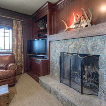 Moss Rock Fireplace with Reclaimed Rustic Oak Mantel
