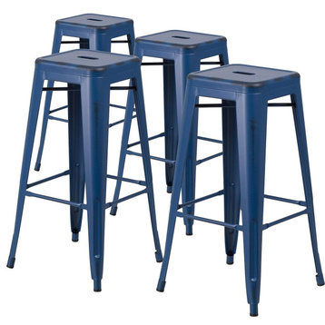 Set of 4 Stackable Bar Stool, Metal Frame With Backless Seat, Antique Blue