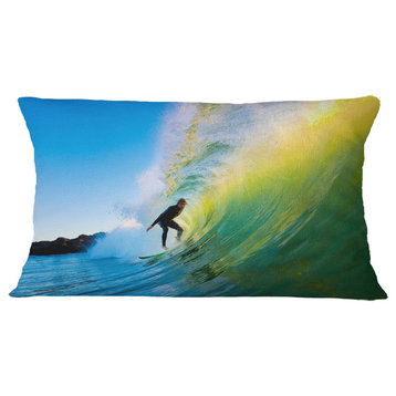 Surfer Beating Green Waves Photography Throw Pillow, 12"x20"