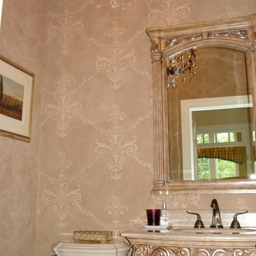 Bathrooms: A suede paint finish with stenciling