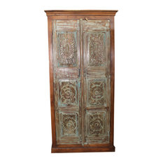 Consigned Antique Armoire Floral Carving Rustic Blue Storage Farmhouse Cabinet