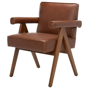 Contemporary Accent Chair, A-Shaped Sides With Padded Arms, Cognac Faux Leather