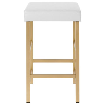 26" Gold Backless Stool in White Faux Leather