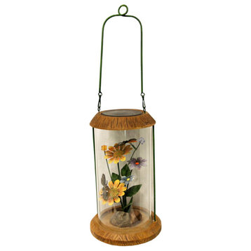 LED Lighted Solar Powered Outdoor Garden Lantern With Flowers, 10.5"