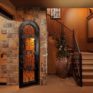 This is an example of a traditional basement in Denver with orange walls.