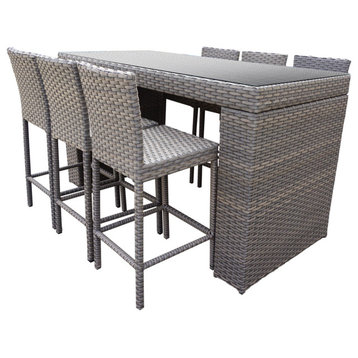 Monterey Bar Table Set, Barstools 7 Piece Wicker Patio Furniture Grey Stone