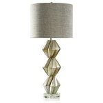 Harp & Finial - Priestly Table Lamp Brushed Silver Finish Heathered Gray Hardback Shade - This table lamp is ideal for contemporary interiors, boasting a striking finish with a sculptural geometric spiral design as the base. The rounded, multi-tone shade accents the lamp's geometric form and adds height.
