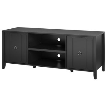 Transitional TV Console, 2 Doors With Accented Front and Ring Metal Pulls, Black