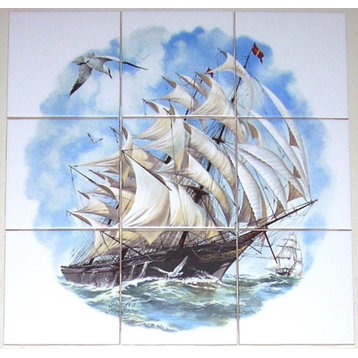 Ship Kiln Fired Ceramic Mural Atlantic Mermaid Ocean Backsplash, 9-Piece Set
