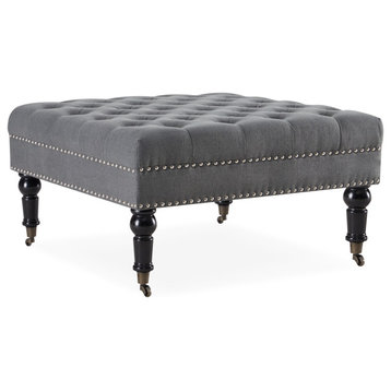 Button Tufted Square Ottoman Bench With Rolling Wheels Nailhead Trim, Gray