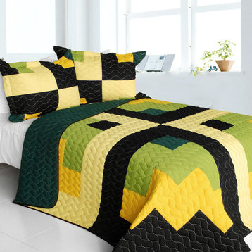 Lucky Break 3PC Vermicelli-Quilted Patchwork Quilt Set (Full/Queen Size)