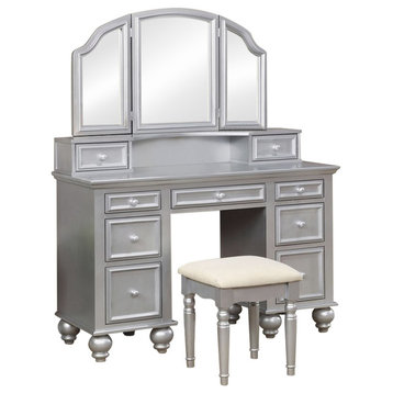 Furniture of America Tamarah Wood 3-Piece Bedroom Vanity Set in Silver