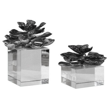 Uttermost Indian Lotus Metallic Silver Flowers Sculptures, Set of 2