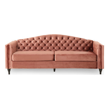 Bonnie Traditional Button Tufted Velvet 3 Seater Sofa, Blush/Dark Brown