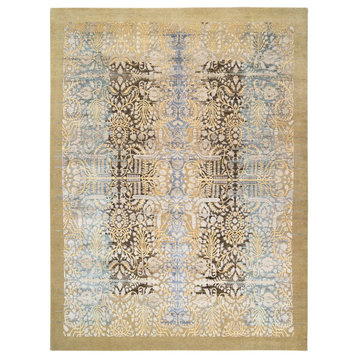 Honey Brown, Silk With Textured Wool, Hand Knotted, Oriental Rug, 9'0" x 12'2"