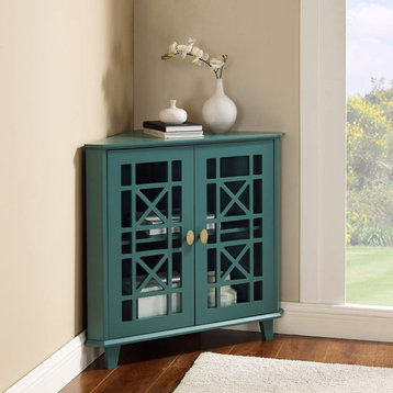 Corner Side Table, Cut Out Accented Doors With Inner Adjustable Shelf, Dark Teal