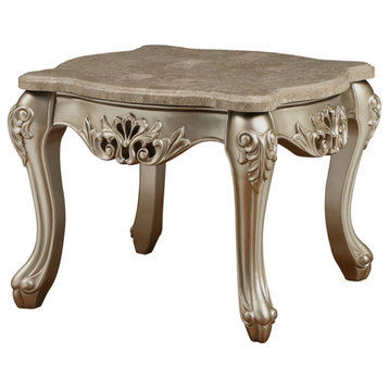 ACME Ranita Marble Top End Table with Carved Floral Champagne