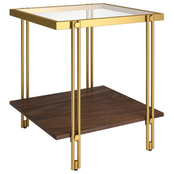 Inez 20'' Wide Square Side Table With Mdf Shelf In Brass/Walnut