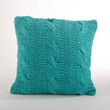 Down Filled Cable Knit Design Throw Pillow, 20"x20", Turquoise
