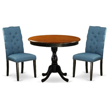 AMEL3-BCH-21 Dining Table and 2 Blue Linen Fabric Parson Chairs - Black Finish