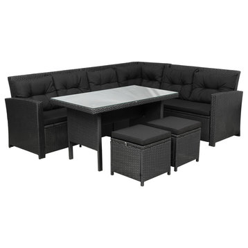 Lenore Patio All-Weather Rattan Furniture Sectional Sofa with Glass Table, Black