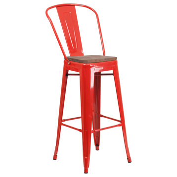 30" Red Metal Dining Stool With Curved Slatted Back and Wooden Seat